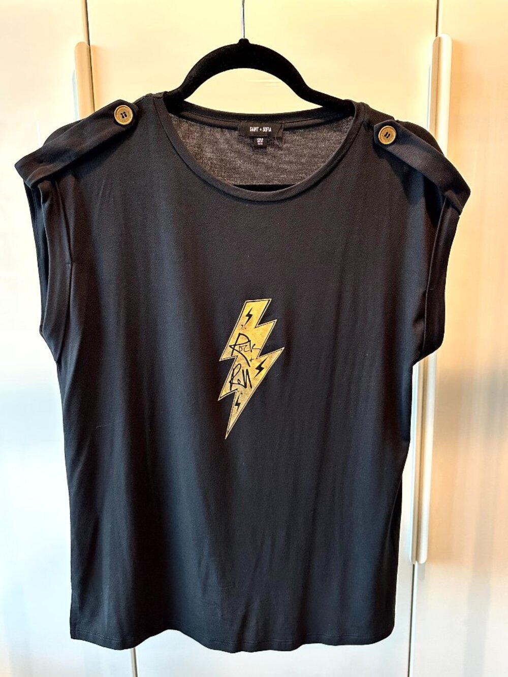 Saint + Sofia Black Button Shoulder Rolled Sleeve T-Shirt - Size 6